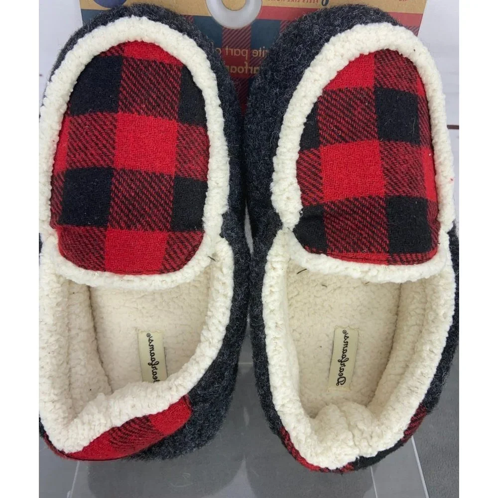Dearfoams Boys Girls Plaid Multi Fab Moccasins‎ Slippers 11/12